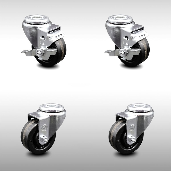 3.5 Inch SS Phenolic Wheel Swivel Bolt Hole Caster Set with 2 Brake SCC